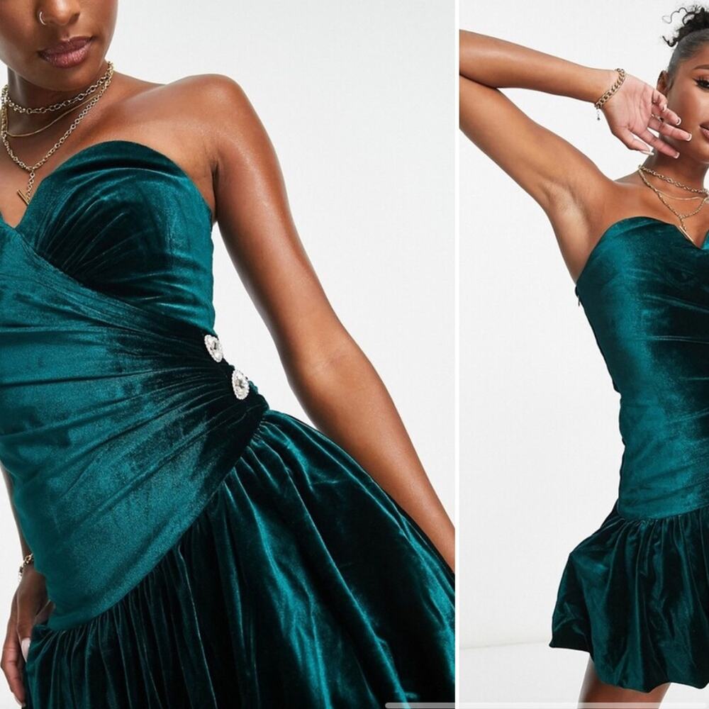 Ever New Bubble Hem Mini Velvet Emerald Dress Heart Diamanté Sz 8 Petite Party - Picture 2 of 12